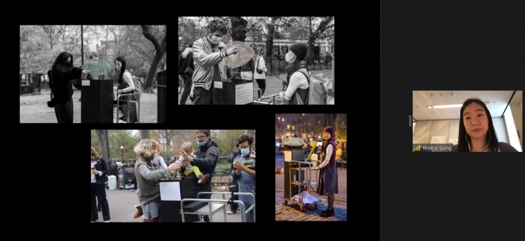 A compilation of four images of people from the public engaging with Song's Sculptures on Wheels.