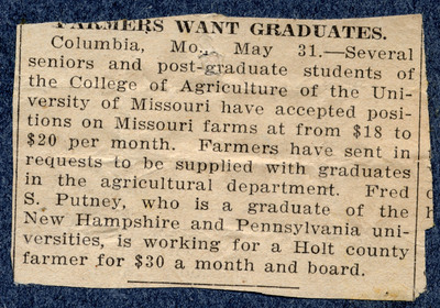 Newspaper clipping entitled &amp;acirc;&amp;euro;&amp;oelig;Farmers Want Graduates&amp;acirc;&amp;euro;