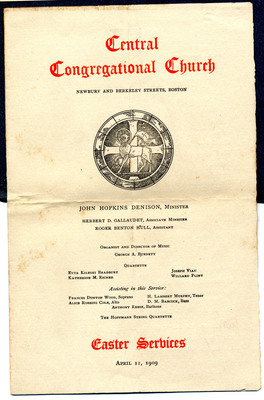 Program for 1909 Easter services at Central Congregational Church