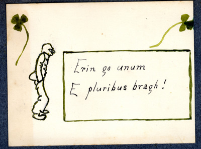 Card with drawings and quote in Latin and Gaelic