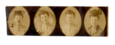 Photograph with four portraits of the same woman in different outfits