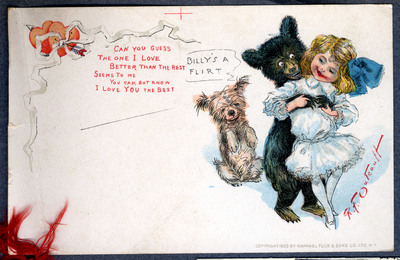 Commercially produced valentine with dog, bear, and girl 