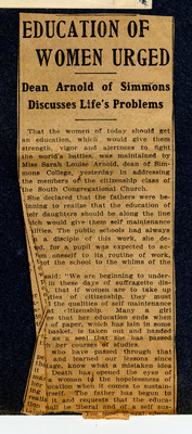 Newspaper clipping entitled &amp;acirc;&amp;euro;&amp;oelig;Education of Women Urged&amp;acirc;&amp;euro;