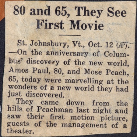 Newspaper clipping, titled "80 and 65, They See First Movie"