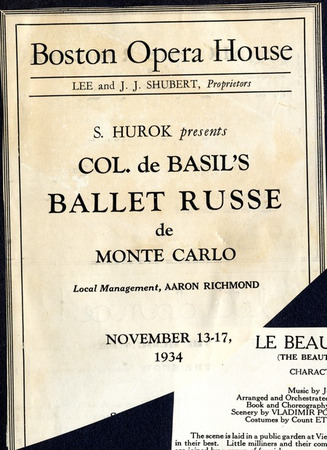 Ballet Russes de Monte Carlo program cover from the Boston Opera House