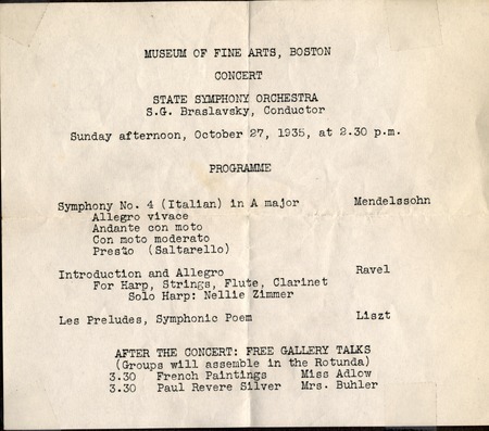 Program for an orchestra performance shown at the Museum of Fine Arts
