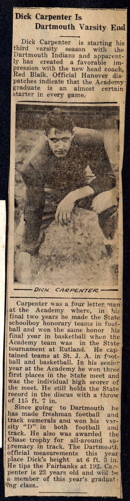 Newspaper clipping on Dick Carpenter