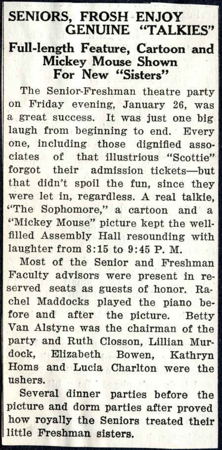 Newspaper clipping describing Simmons College Senior-Freshman Theater party
