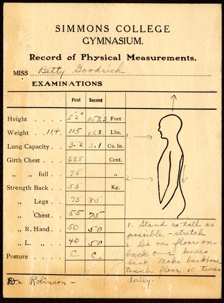 Simmons College Gymnasium record of physical measurements