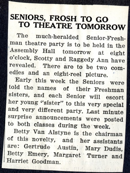 Newspaper clipping describing Simmons College Senior-Freshman Theater party
