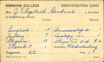 Bettie's student identification card issued at the beginning of her first semester at Simmons College. 