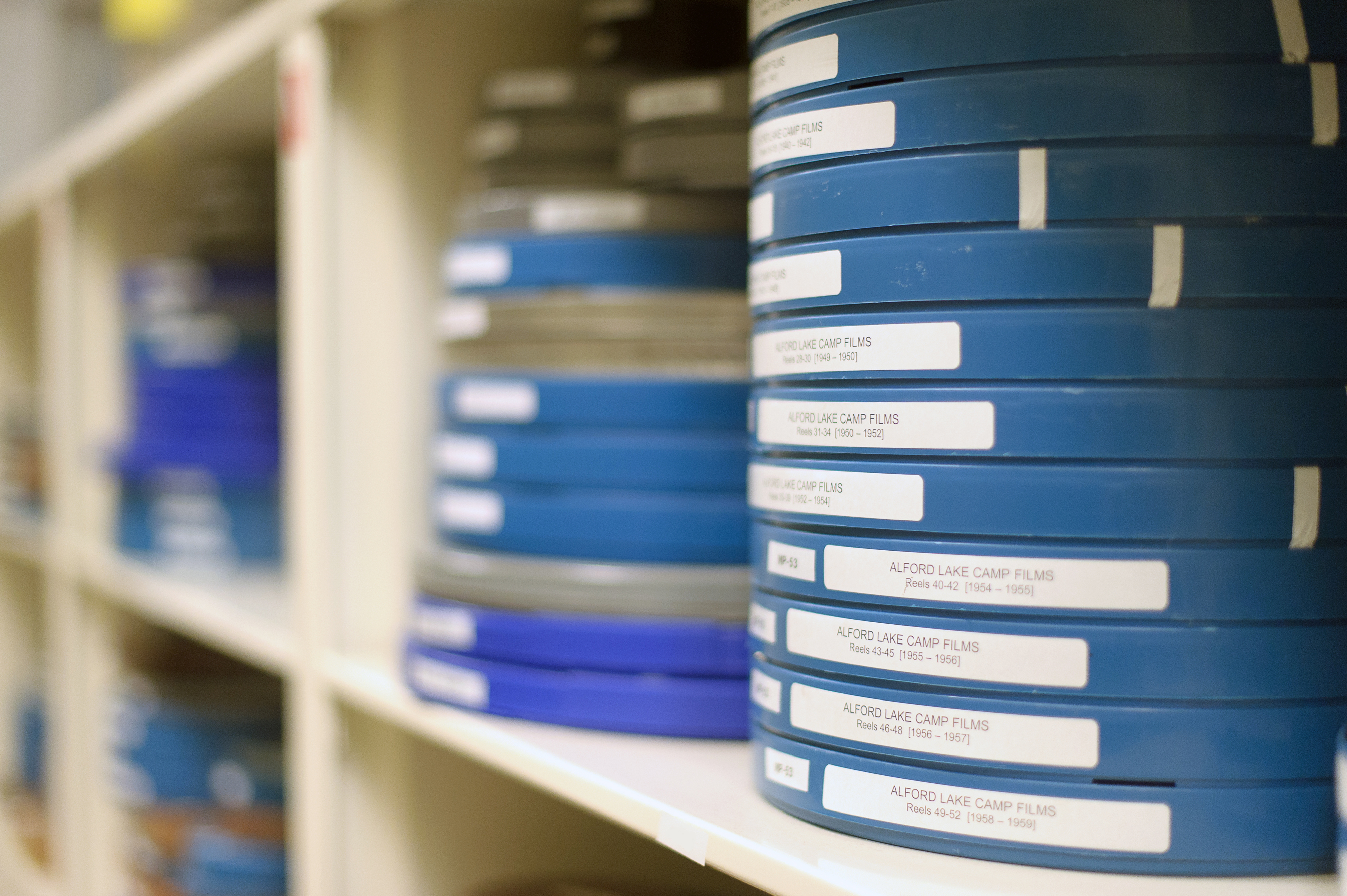 film reels on shelf