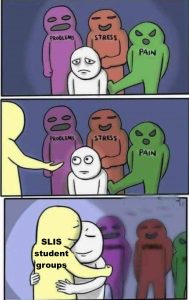 [Image description: Three panel comic. The first panel shows a person being bullied by 3 others who are labeled "Problems," "Stress," and "Pain."  The second panel shows a mystery person approaching our protagonist to help with their arms outstretched. The third panel shows the new character embracing the protagonist in a hug while the three bullies fade into the background; the helming person is labeled "SLIS student groups." End image description]